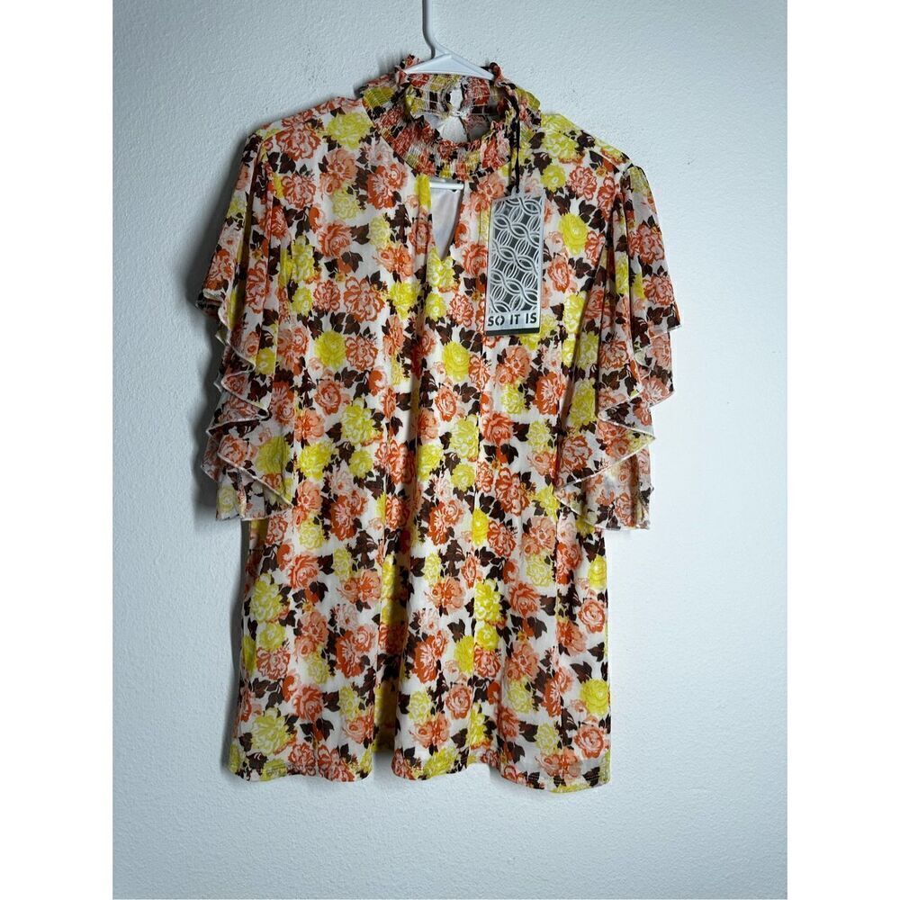 So It Is NWT Bohemian Turtleneck Romantic Floral Print White Yellow Top Size 2X
